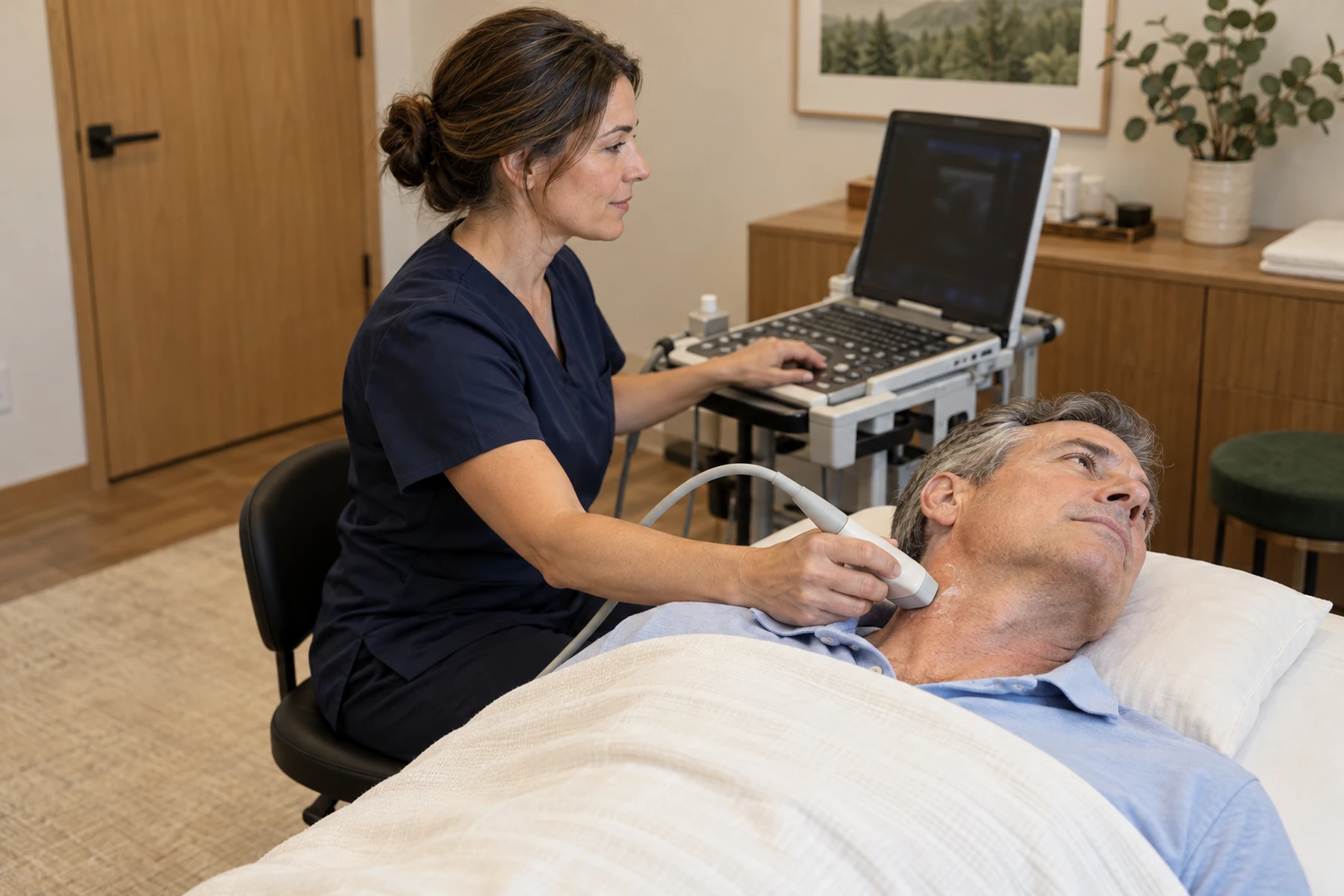 A sonographer performs a carotid ultrasound in a private screening room.